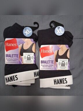 NWT Set Of 2 Hanes Black Pullover Bralette's with White Logo Band - XL